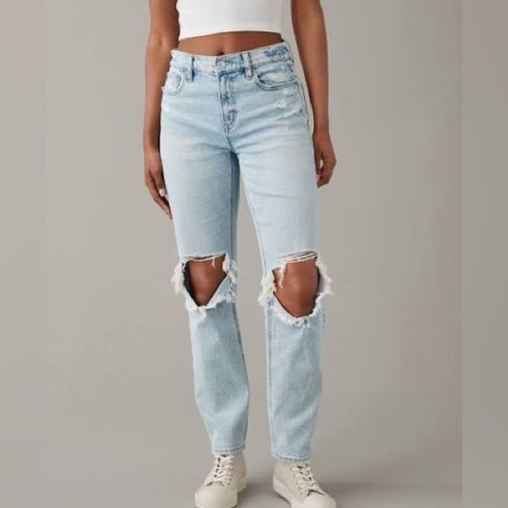 American Eagle AE Super High Rise Ankle Straight Jeans Size 2 Ripped Distressed